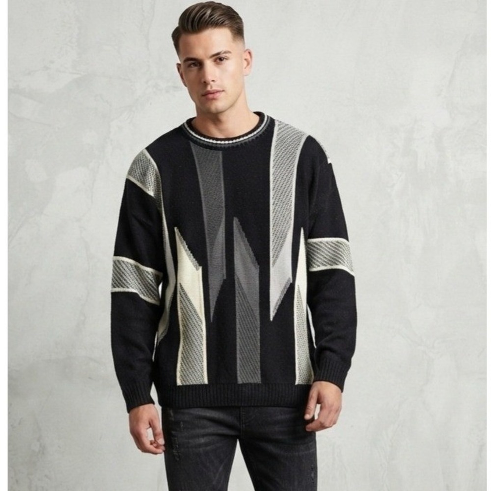 Protege Vintage 90s Coogi Style Geometric Abstract Knit Sweater Black XL